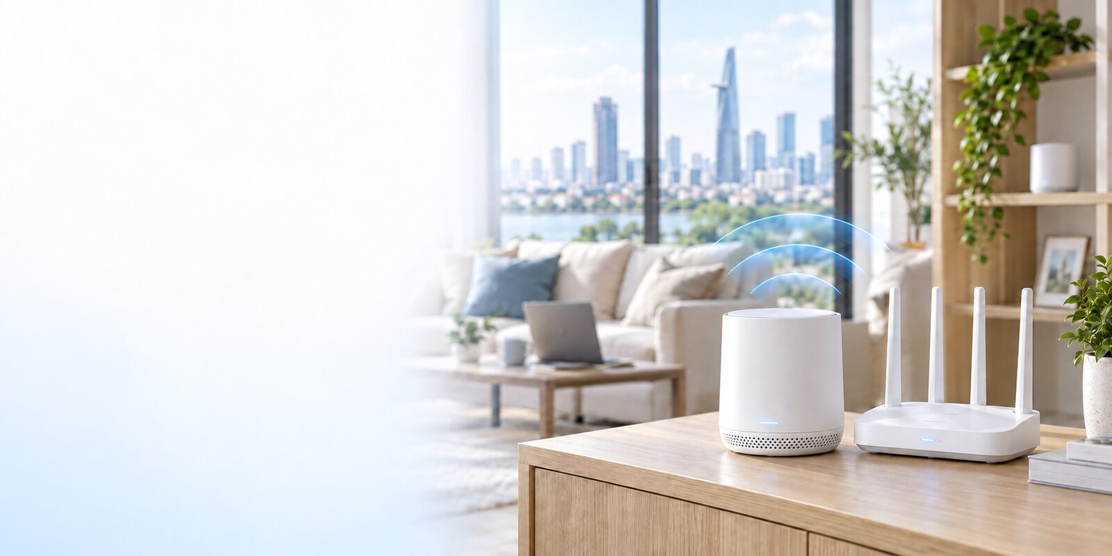 Bộ WiFi Mesh và router đặt trên kệ gỗ trong căn hộ hiện đại nhìn ra thành phố